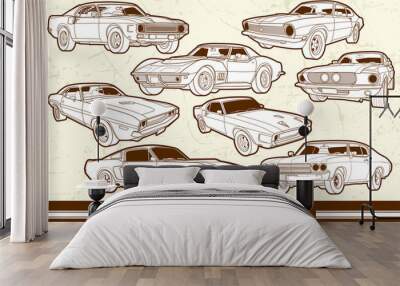 Muscle Car Set with scratch effect Background. This design is suitable for old style or classic car garage, shops, repair. Also for car tshirts, stamps and hot rods Wall mural