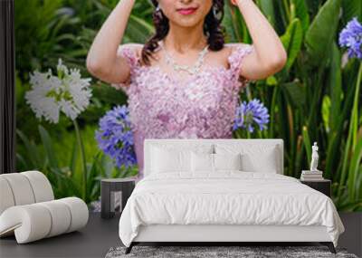 Portrait of a Mexican teen quinceanera, Hispanic teen girl wearing a dress Wall mural