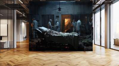 Scene of a dark war hospital, doctors with masks in the rubble with patients on stretchers tending to the wounds of the patients. Wall mural