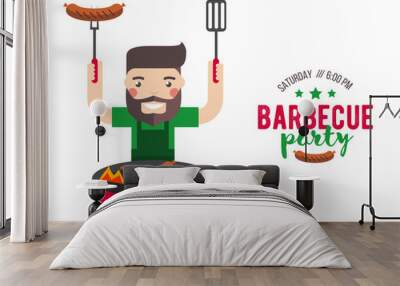 Barbecue party cartoon people Wall mural