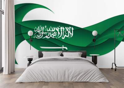 Green and white soccer ball leaving a wavy trail with the colors of the Saudi Arabian flag. Vector image Wall mural