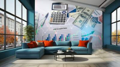 Double exposure of drawing exchange rate graphs and mobile phone backgrounds. Calculators and graph charts with notebooks. Financial data analysis concept Business Planning, Financial Plan Wall mural