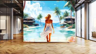 Illustration of a beautiful woman on vacation on a tropical island Wall mural