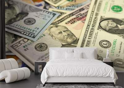 Money background. Big pile of dollars. Background of paper banknotes. Wall mural