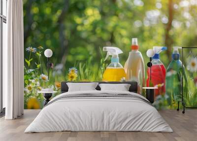 Cleaning product bottles among grass in natural landscape Wall mural