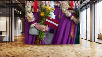 Song and dance festival in Latvia. Procession in Riga. Elements of ornaments and flowers. Latvia 100 years. Wall mural