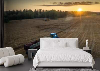 Top view of Combine harvester harvesting golden wheat field and the tractor in sunlight rays. Wall mural