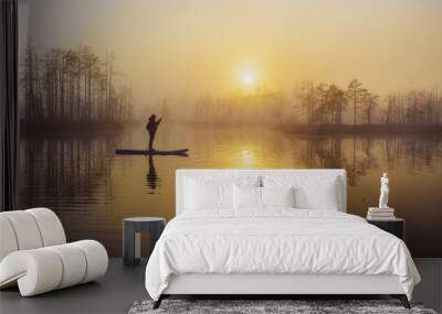 Woman slowly floating on the water on the sup-board. Fog and swamp. Wall mural