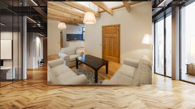 wooden design. apartment with wooden floors, ceilings and furnit Wall mural