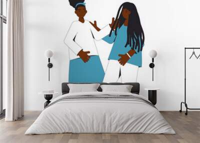 Two african american teenagers standing together isolated on white background. Young female friends wearing in casual clothes. Two girls standing. Vector line illustration. Wall mural