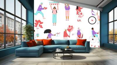 Valentine's Day gift exchange. People giving presents set. Wall mural