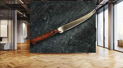 Specialized chefs kitchen tomato knife on gray grunge background, close up, top view Wall mural