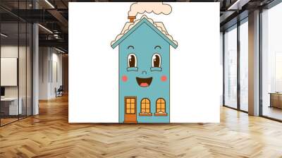 A groovy house character with windows like eyes in winter time in cartoon style isolated on white background. Wall mural