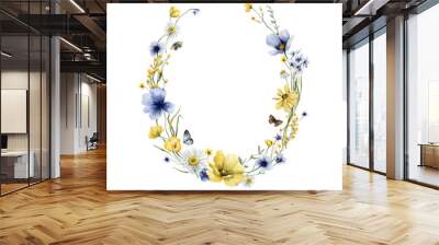 Watercolor floral wreath with summer  wildflowers and butterfliese. Greeting  template for you design. Romantic watercolor illustration. Wall mural