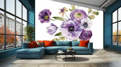 Watercolor flowers garden bouquet. Hand painted botanical illustration with purple flowers and foliage isolated on white background. Floral composition for you design Wall mural