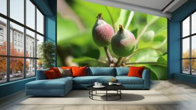 Young fruit apples after flowering in garden . Young apple buds primordium . Young apple at fruitlet stage . Fruit set Wall mural