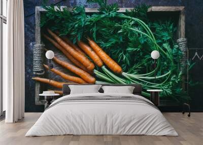 Bunch of fresh baby carrots in a wooden box top view space for text  Wall mural