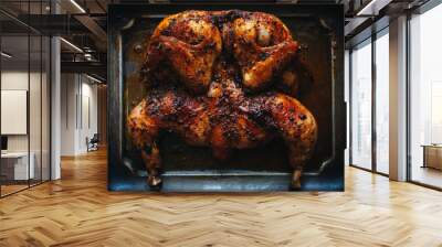 Hot roasted chicken with different spices and herbs in a baking dish top view Wall mural