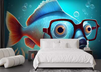 A fish with glasses underwater on turquoise background Wall mural