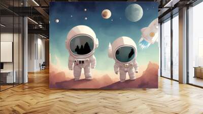 Astronaut and Earth with spaceship, man wearing spacesuit and stars, planet and exploration, mission vector illustration isolated on blue background Wall mural