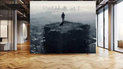 Back view of person standing on roof top looking to a dystopian post apocalyptic city Wall mural