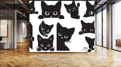 Black Cat Peeking, Kitty Graphic Silhouettes, Peek Kittens Wall mural