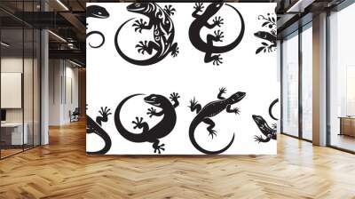 Black silhouette of lizard and geckos in different poses surrounded by foliage and floral elements Wall mural