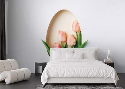 Creative Easter layout with fresh tulip flowers and leaves on bright white and beige paper background. Spring natural concept. Egg shape Easter holiday minimal composition. Flat lay, top view. Wall mural