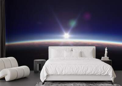 Earth sunrise from space over cloudy ocean. 3d rendering Wall mural