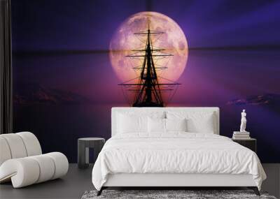 old ship in the night full moon illustration Wall mural