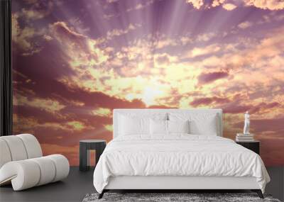 Sunset / sunrise with clouds, light rays and other atmospheric effect, 3d illustration Wall mural