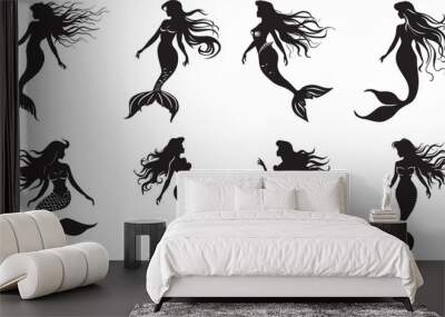 Silhouetted mermaid with varying hairstyles and tail designs, ideal for mythological themes Wall mural