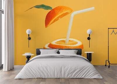 Summer composition with fresh stacked orange slices and straw on vibrant orange background. Creative healthy diet concept. Organic tropical fruit juice. Wall mural