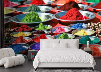 Colorful tika powders on indian market, India Wall mural