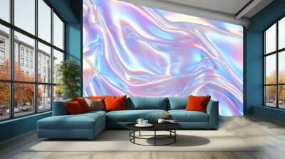 A close-up view of iridescent fabric with flowing, wavy patterns. The surface reflects light in various pastel colors, creating a dreamy and ethereal effect pearlescent background. Wall mural