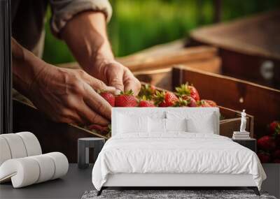 A person carefully placing fresh strawberries into wooden crates on a farm. Wall mural