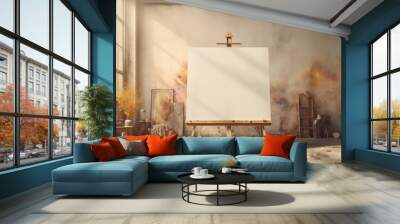 A spacious artist's studio featuring a blank canvas on an easel mockup. The room has large windows allowing natural light to flood in, illuminating the colorful Wall mural