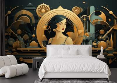 A stylized art deco illustration featuring a glamorous woman with vintage fashion elements, surrounded by abstract geometric shapes and decorative motifs. Wall mural