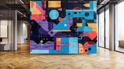 A vibrant and colorful abstract graffiti mural featuring geometric shapes, lines, and patterns in shades of blue, purple, orange, and pink.  Wall mural