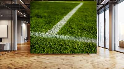 green bright colorful grass pitch of football stafium, close up with beautiful bokeh and stripes Wall mural