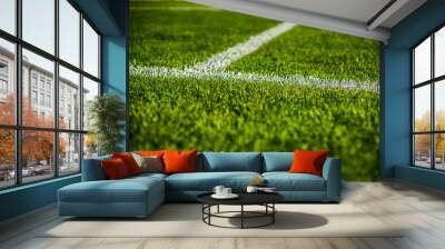 green bright colorful grass pitch of football stafium, close up with beautiful bokeh and stripes Wall mural