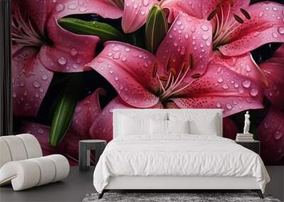 Lily flowers beauty texture. Close-up of vibrant pink lilies covered in water droplets, showcasing their delicate petals and intricate details. Full screen filled. Wall mural