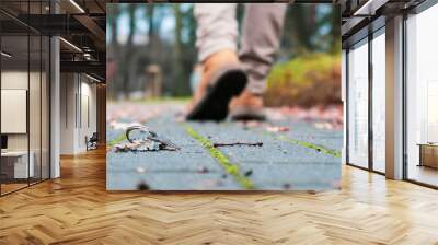 Man walking away from lost home keys Wall mural