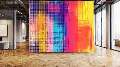 Seamless vibrant abstract halftone glitch background featuring a blend of colors including pink, blue, yellow, and purple. The design incorporates dotted patterns. Wall mural