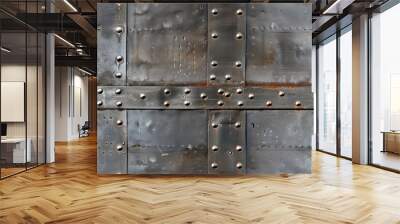 Seamless weathered metal door with rivets and rust. The surface shows signs of wear, with a textured pattern of dark metal and patches of rust, creating an industrial aesthetic. Wall mural