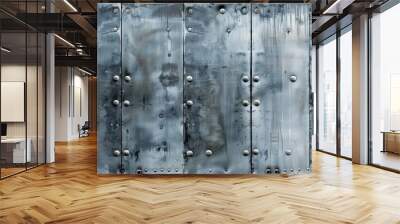 Seamless weathered metal wall with rivets, showcasing a textured surface with varying shades of gray and some streaks, indicating wear and tear over time. Wall mural