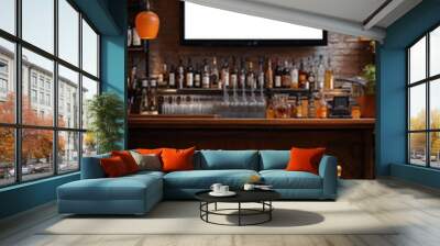 TV mockup. A cozy bar interior featuring a wooden counter, two empty stools, and a well-stocked shelf of various liquor bottles. The ambiance is warm with pendant lighting Wall mural