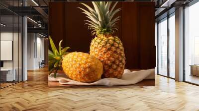 Two ripe pineapples placed on a white cloth on a wooden table, with a warm, soft background lighting that highlights their texture and color. Wall mural