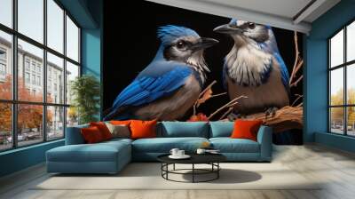 Two vibrant blue jays perched on a branch with autumn leaves, showcasing their striking blue and white plumage against a dark background. Wall mural