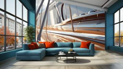 Yacht deck surface. Close-up view of a polished wooden sailboat deck with shiny metal fittings, reflecting sunlight. The image captures the elegance and craftsmanship of marine design. Wall mural